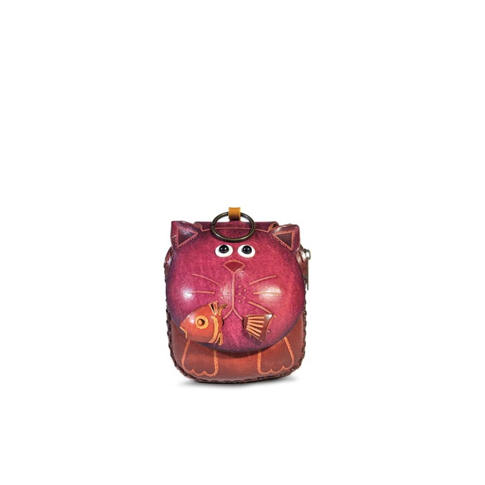 VINTAGE Leather Cat Coin Purse Hand painted, tooled  w/CLIP